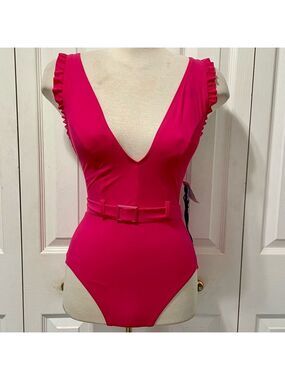 New Skinny Dipper Cinch Fuchsia Ruffled One Piece Swimsuit
